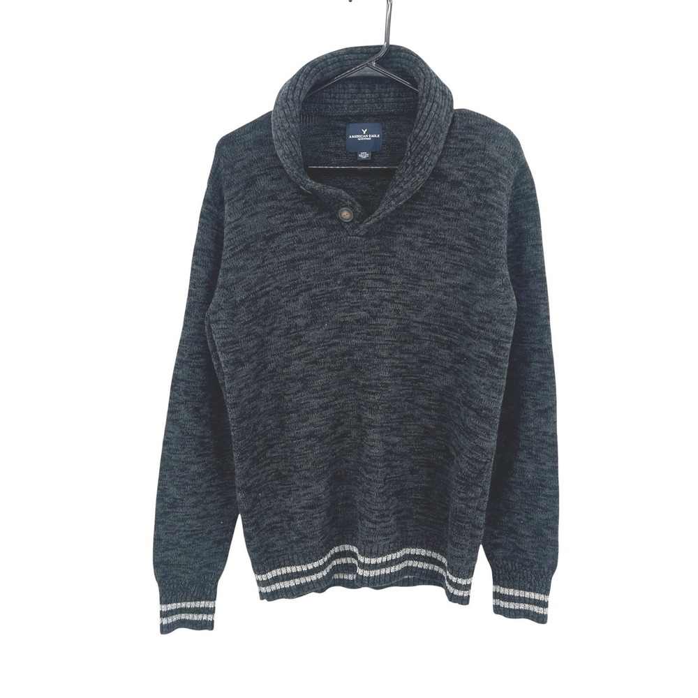 Preppy Shawl Collar Button Knit Sweater M Grey Cotton Pullover American Eagle